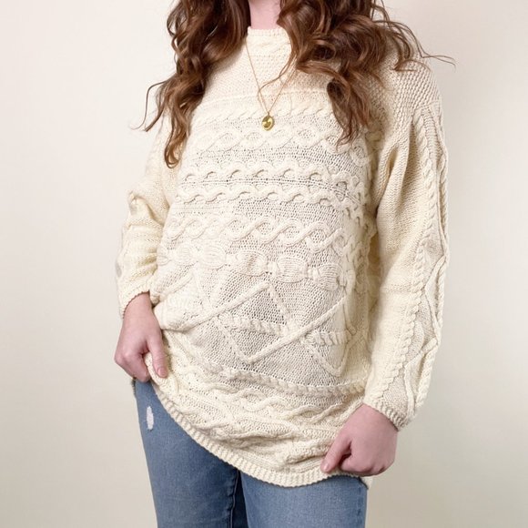 Vintage Parisian Cable Knit Oversized Sweater Chunky Cozy Slouchy Preppy Aran - Picture 6 of 7